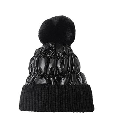 Black Metallic Beanie W/ Fur /