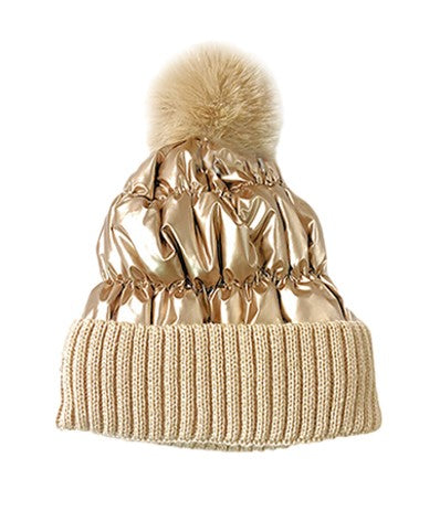 Gold Metallic Beanie W/ Fur