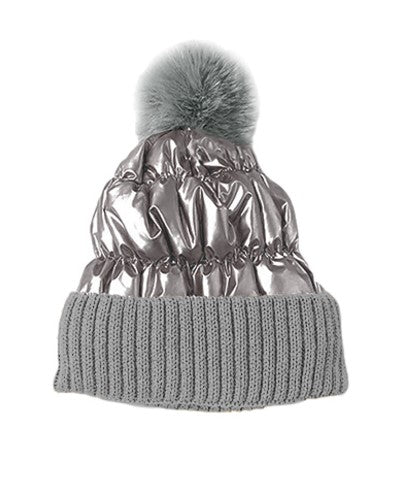 Silver Metallic Beanie W/ Fur /